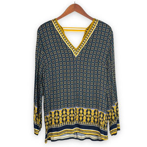NWT Tribal Navy Blue & Yellow Tunic Long Sleeve Top Blouse V-Neck Multiple Sizes